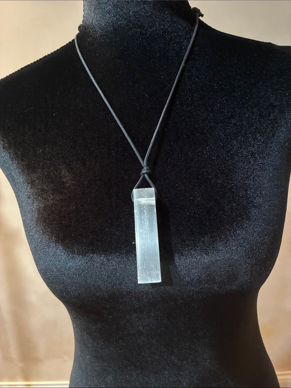 Selenite Crystal Pendant Necklace in White on Black Cord